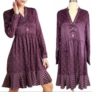 ANTHROPOLOGIE Burgundy Shirt Dress Maeve Gillian Abstract Tunic Flounce Medium